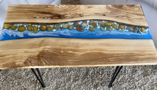 Walnut River Table | Live Edge End Table | Epoxy River Table With Embedded Rocks