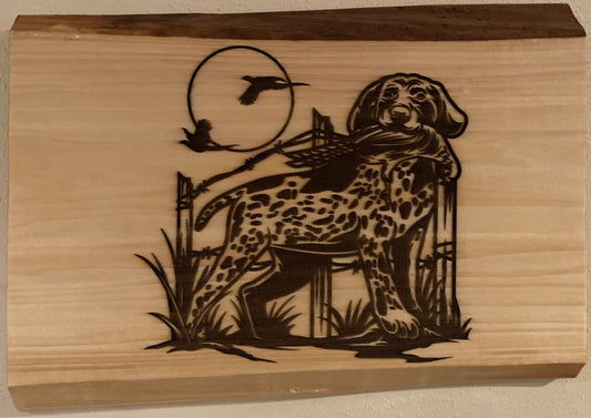 Live Edge Pheasant Hunting Scene | Engraved Pheasant and Dog | Hunting Wall Art