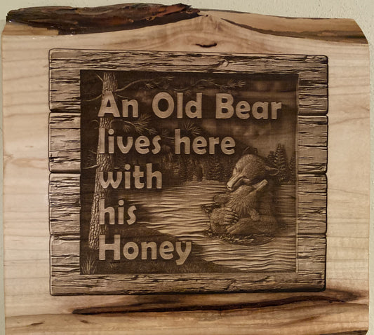 Live Edge "Old Bear With His Honey" | Engraved Gift for Man | Bear With His Honey Wall Art