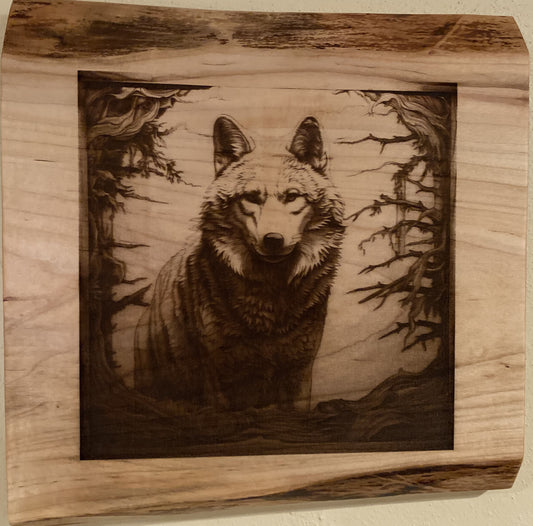 Live Edge Wolf | Engraved Wolf in the Wild | Wolf Wall Art