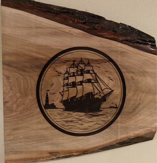 Live Edge Engraved Sailing Scene with Lighthouse in Background | Engraved Sailing With Lighthouse | Engraved Sailing Wall Art
