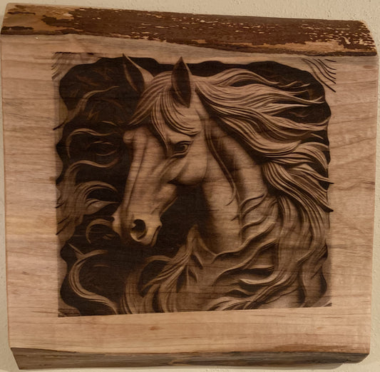 Live Edge Engraved Horse Scene | Engraved Horse Gift | Engraved Horse Wall Art