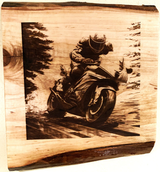Live Edge Engraved Motorbiking Scene | Engraved Motorbike | Engraved Motorcycle Racing Wall Art