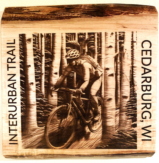 Live Edge Engraved Bicycling Scene | Engraved Bicycle in Woods | Engraved Bicycle Wall Art