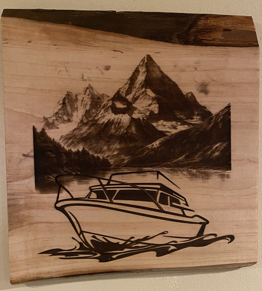Live Edge Engraved Boating Scene in a Mountain Lake | Engraved Powerboat Gift | Engraved Boating Wall Art | Mountain Wall Art