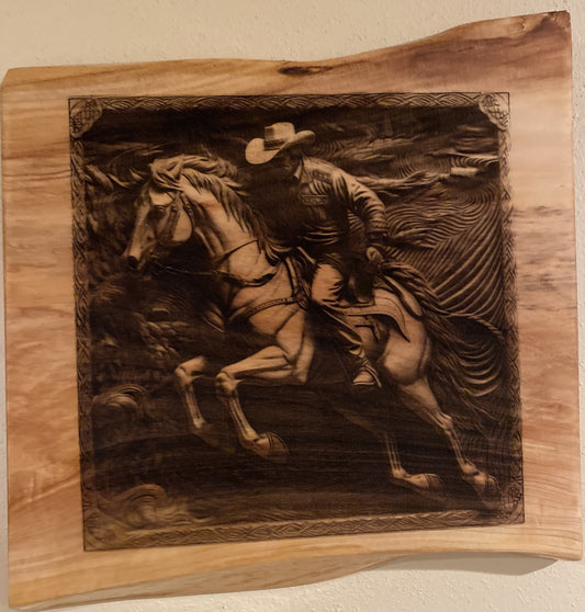 Live Edge Engraved Cowboy Scene | Engraved Cowboy Riding a Horse | Engraved Cowboy Wall Art