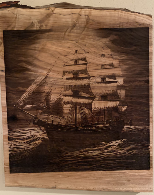 Live Edge Engraved Sailing Scene on Stormy Waters | Engraved Sailing Scene | Engraved Sailing Wall Art