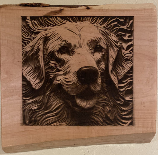 Live Edge Engraved Golden Retriever | Engraved Dog | Engraved Golden Retriever Wall Art