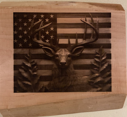 Live Edge Engraved Big Buck With American Flag | Engraved Deer With American Flag | Engraved American Big Buck Wall Art