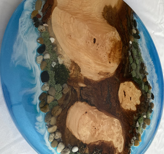 18" Rotating Tabletop Display with Embedded Sand, River Rocks, and Foliage with Water Scene and Waves