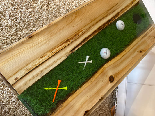 Golf River Table | Live Edge End Table | Artificial Turf Golf Table | Epoxy River Table With Embedded Golf Balls and Golf Tees