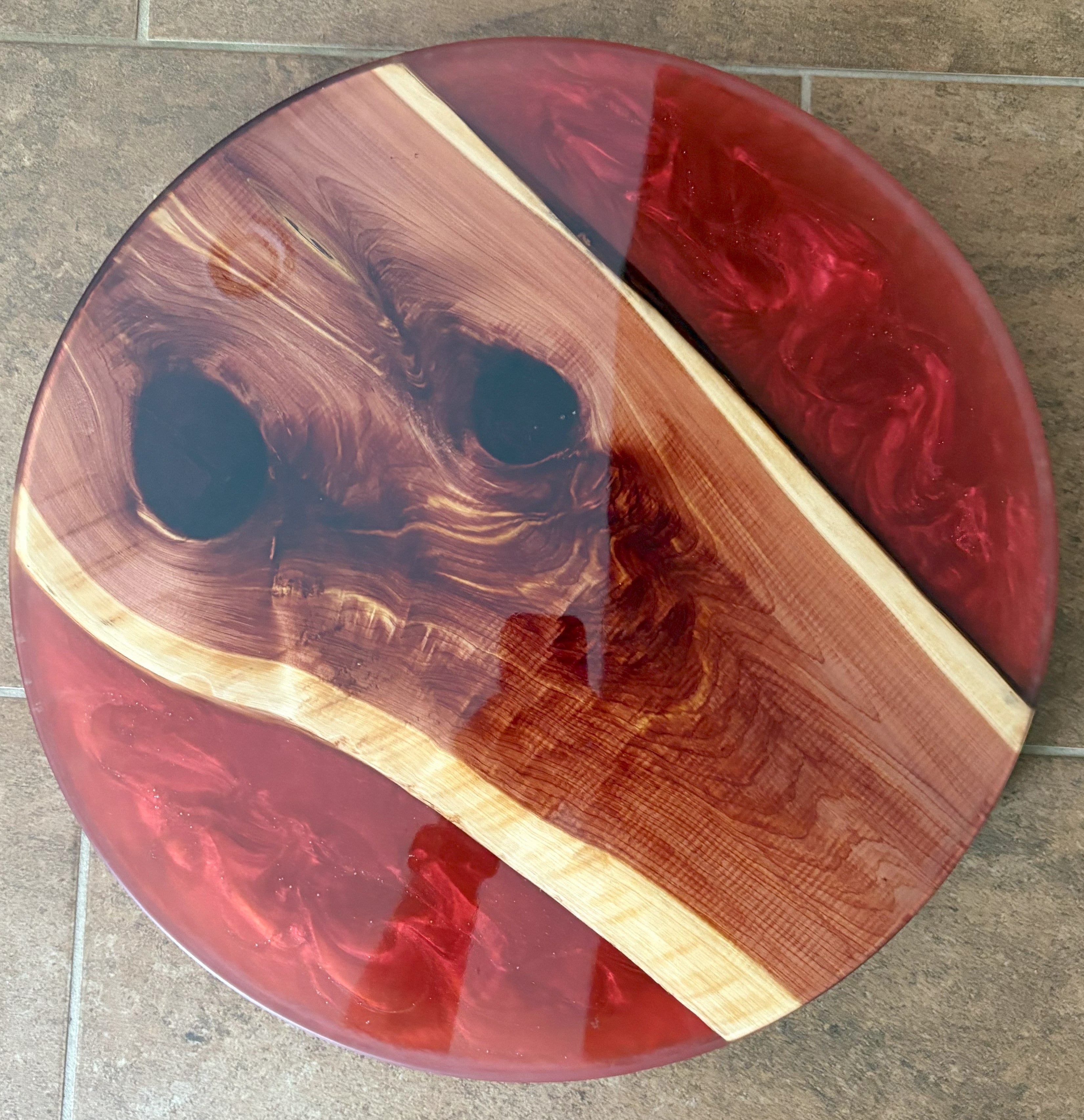 Rotating Cedar Charcuterie Board with Red Epoxy | Table Centerpiece for Kitchen or Dining Room | Lazy Susan with Cedar and Red Epoxy