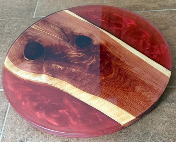 Rotating Cedar Charcuterie Board with Red Epoxy | Table Centerpiece for Kitchen or Dining Room | Lazy Susan with Cedar and Red Epoxy
