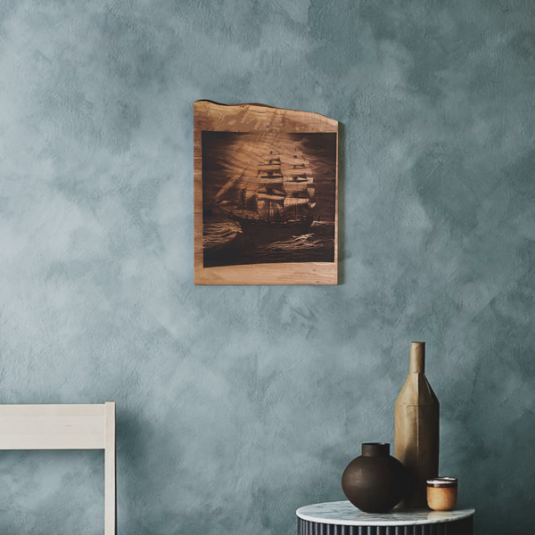 Live Edge Engraved Sailing Scene on Stormy Waters | Engraved Sailing Scene | Engraved Sailing Wall Art