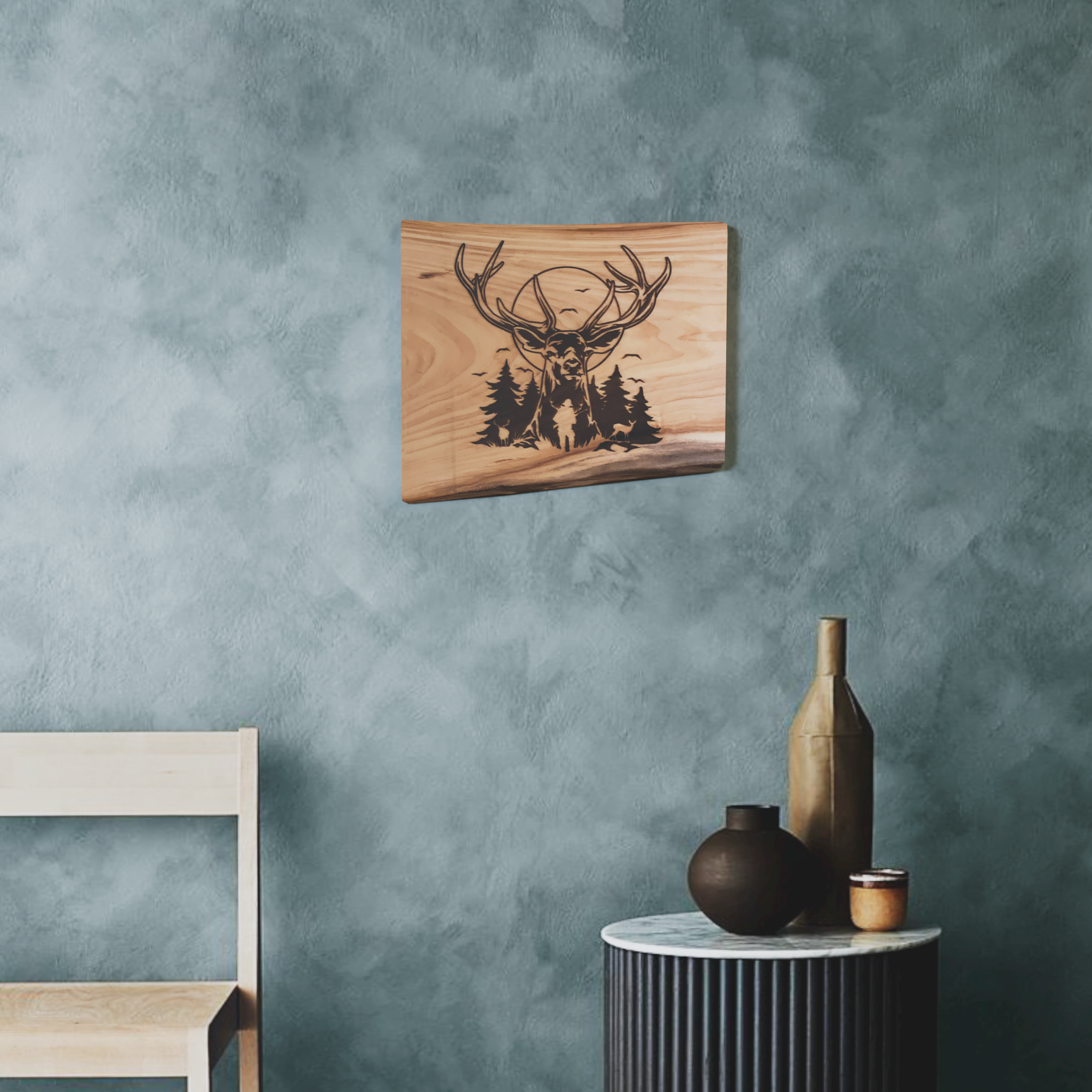 Live Edge Deer Hunting Scene | Engraved Big Buck | Deer Wall Art