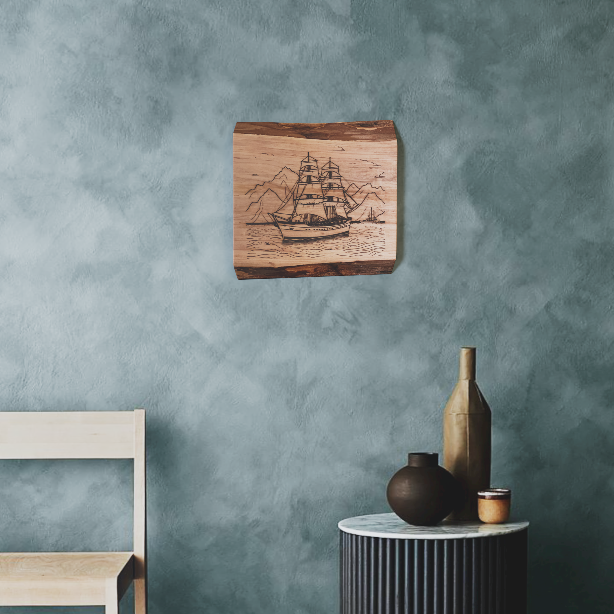 Live Edge Engraved Sailing Scene | Engraved Sailing Gift | Engraved Sailing Wall Art