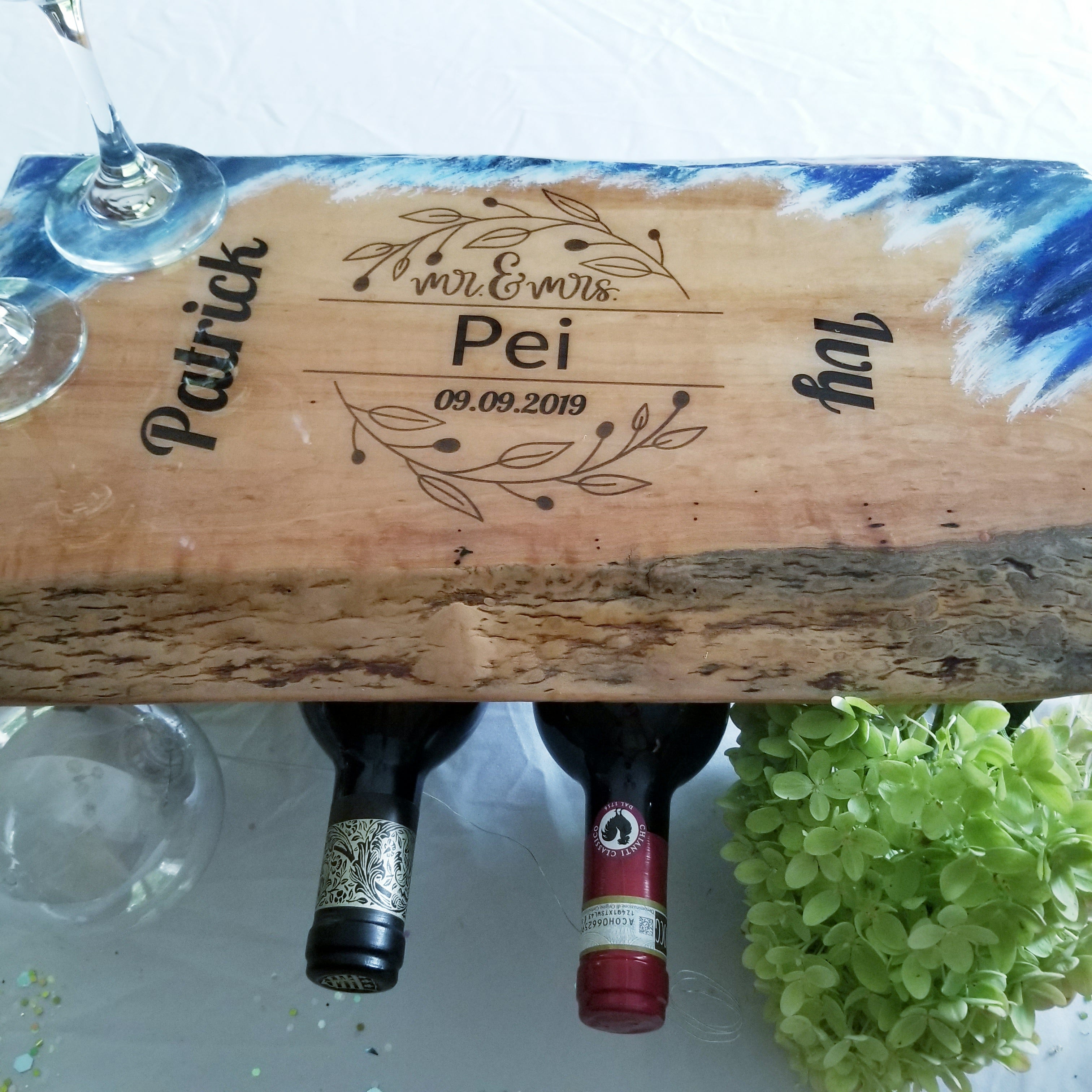 Live Edge Tabletop Four Bottle Wine Rack | Water Scene | River Table Wine Rack | Family and Friends Engraved | Upgradable to Twelve Bottles