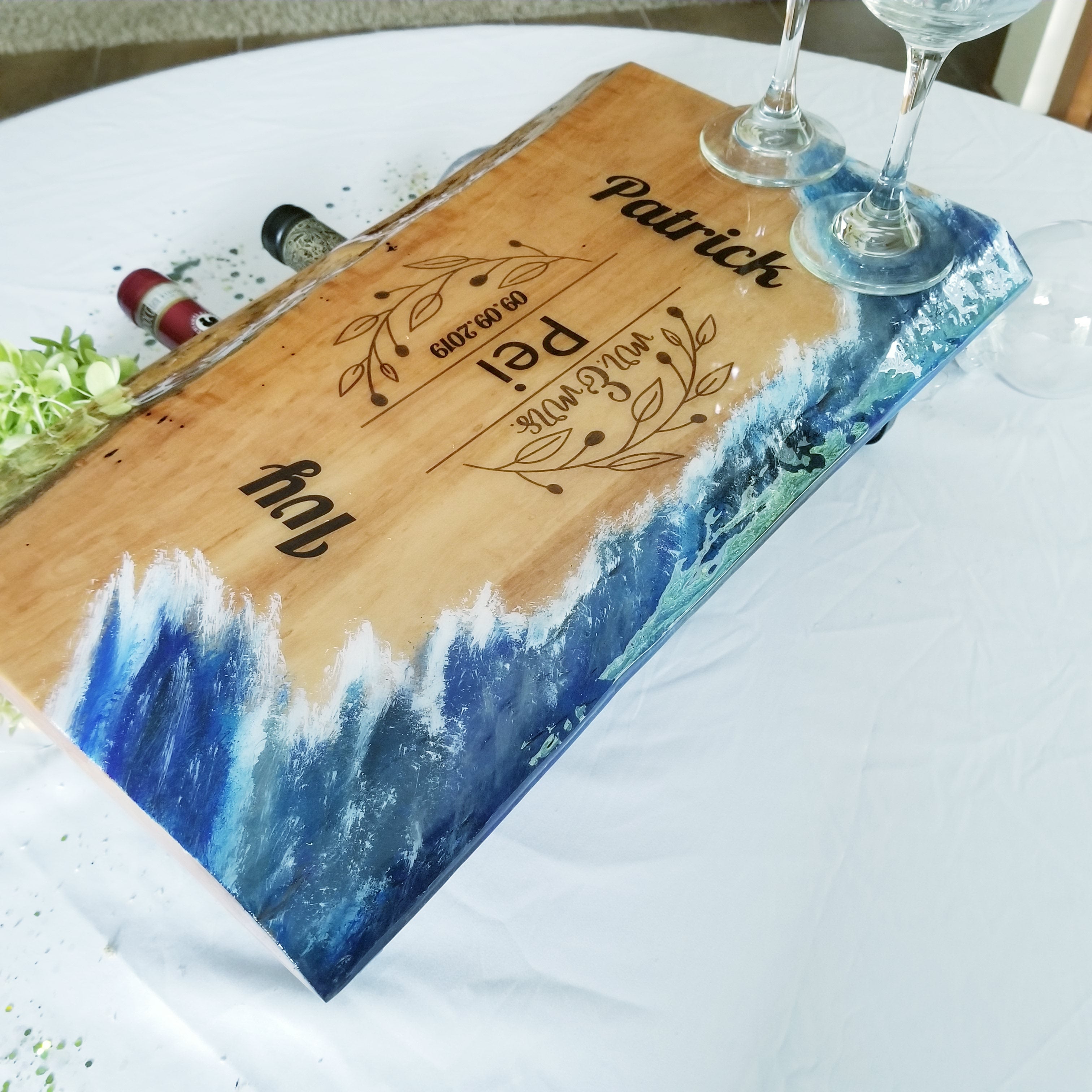 Wine Rack Scene Live Edge Tabletop Four Bottle Wine Rack | Water Scene | River Table W ...