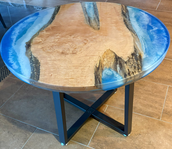 Maple River Table | Live Edge Round End Table | Round Epoxy River Table with Water Scene