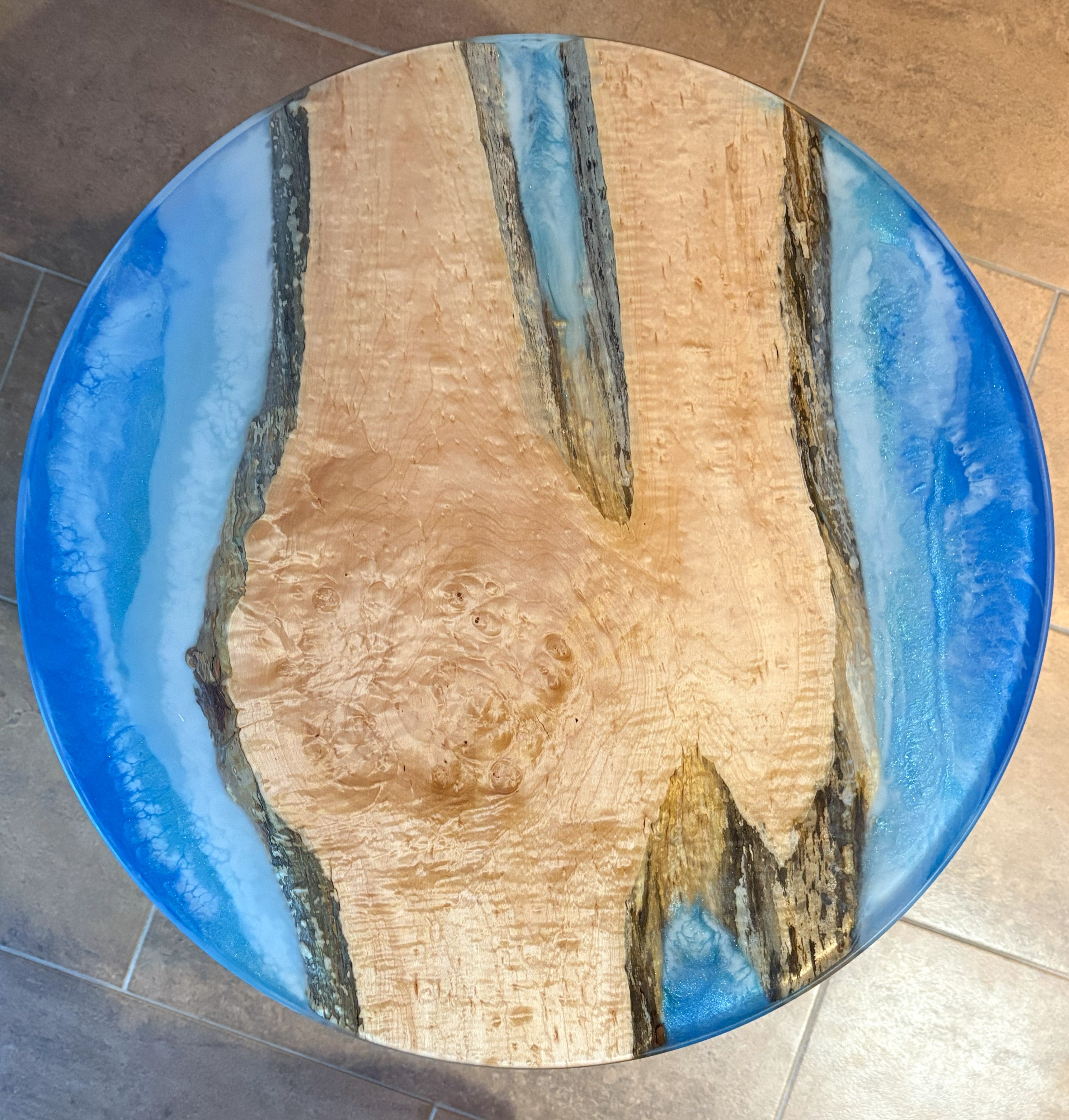 Maple River Table | Live Edge Round End Table | Round Epoxy River Table with Water Scene