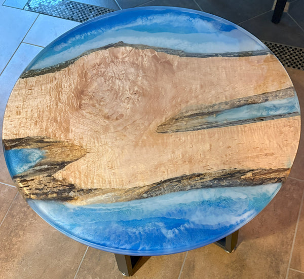 Maple River Table | Live Edge Round End Table | Round Epoxy River Table with Water Scene