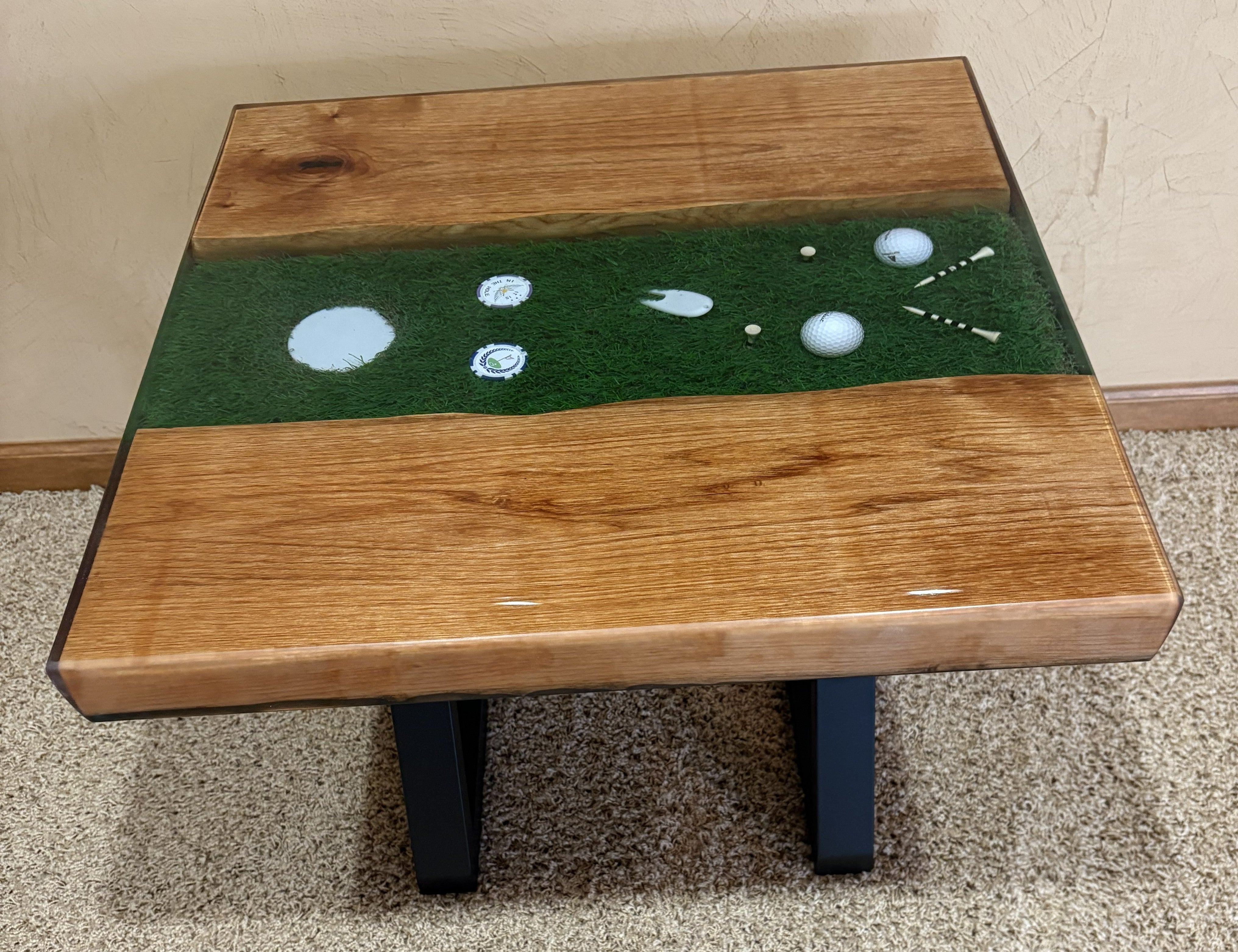 Golf River Table | Live Edge End Table | Artificial Turf Golf Table | Epoxy River Table With Embedded Golf Balls and Golf Tees