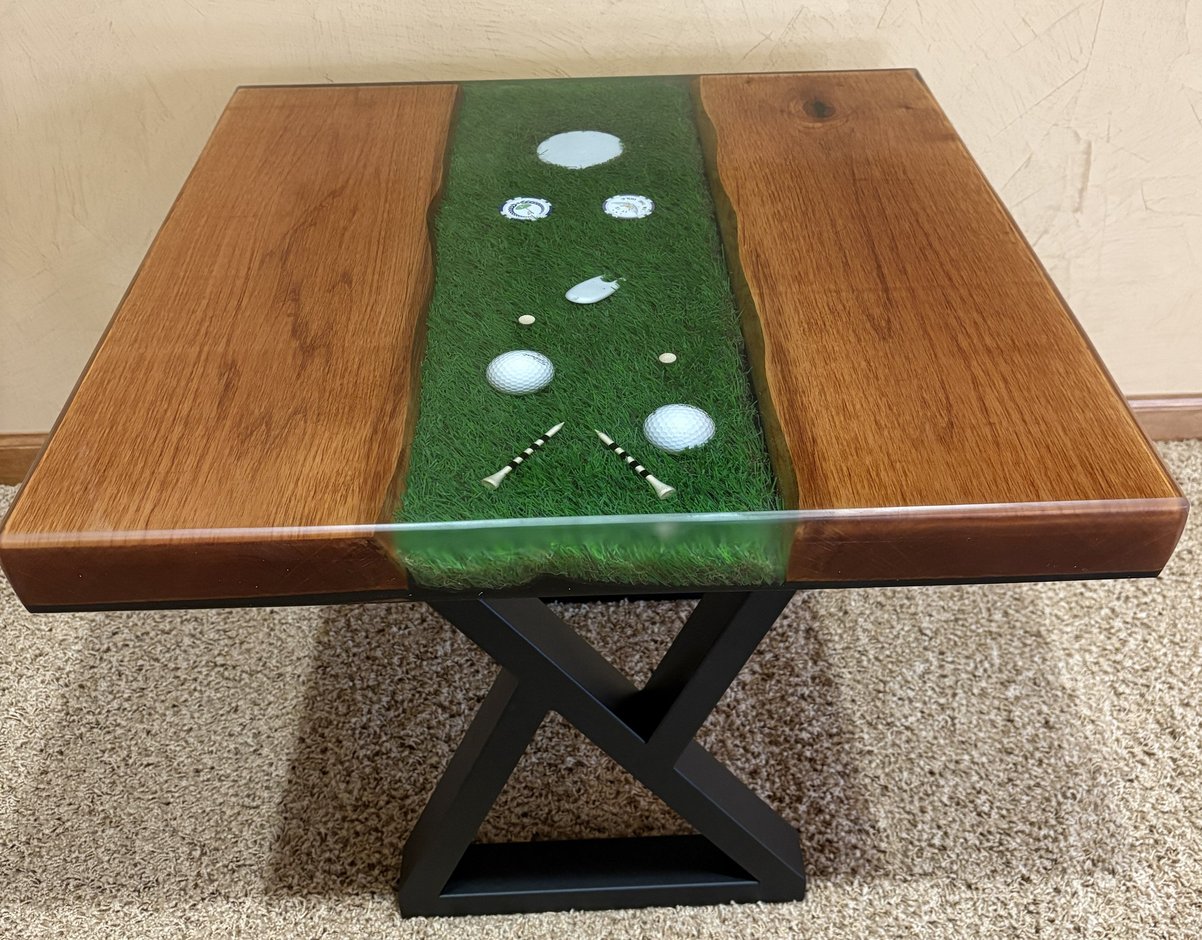 Golf River Table | Live Edge End Table | Artificial Turf Golf Table | Epoxy River Table With Embedded Golf Balls and Golf Tees