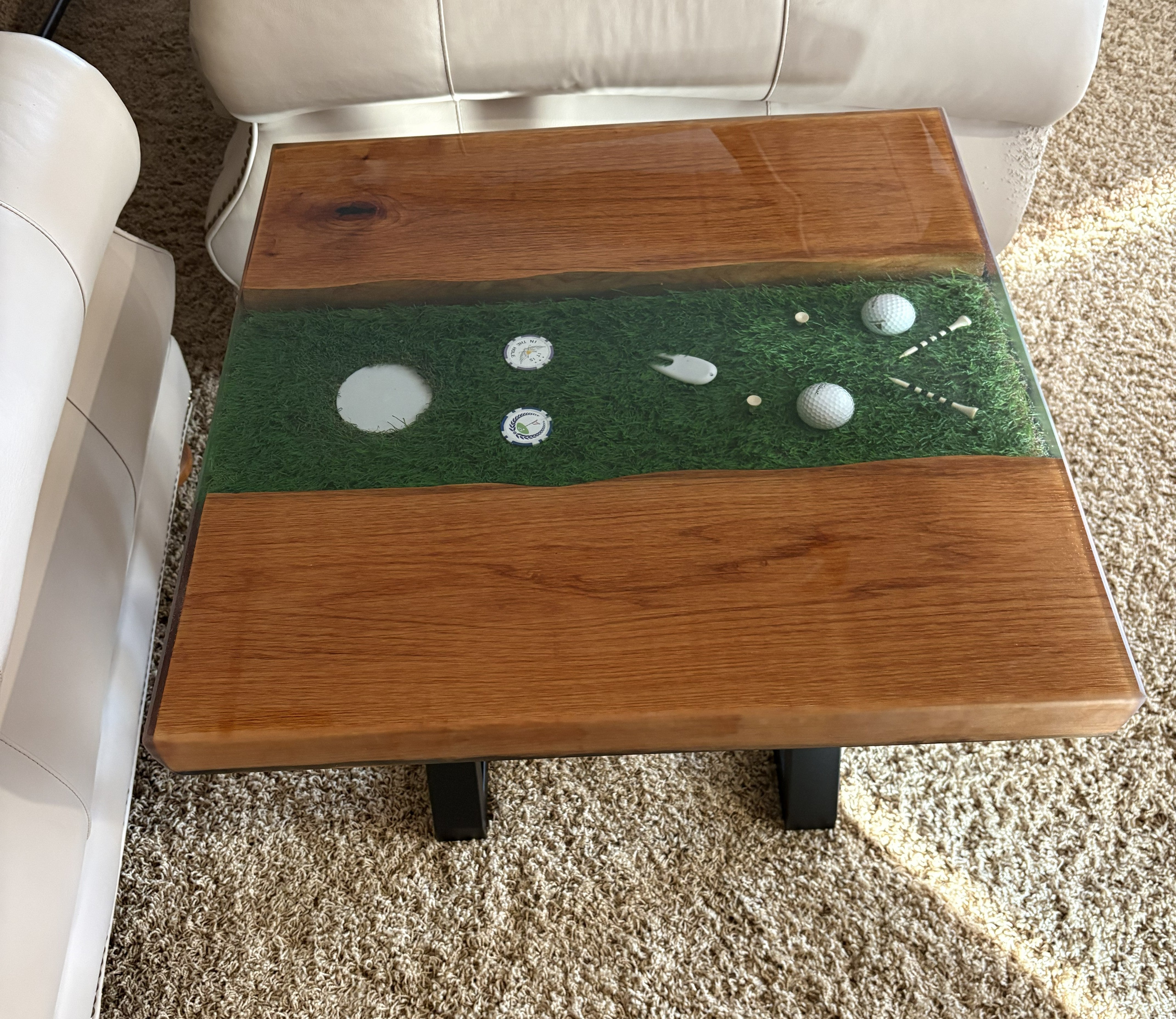 Golf River Table | Live Edge End Table | Artificial Turf Golf Table | Epoxy River Table With Embedded Golf Balls and Golf Tees