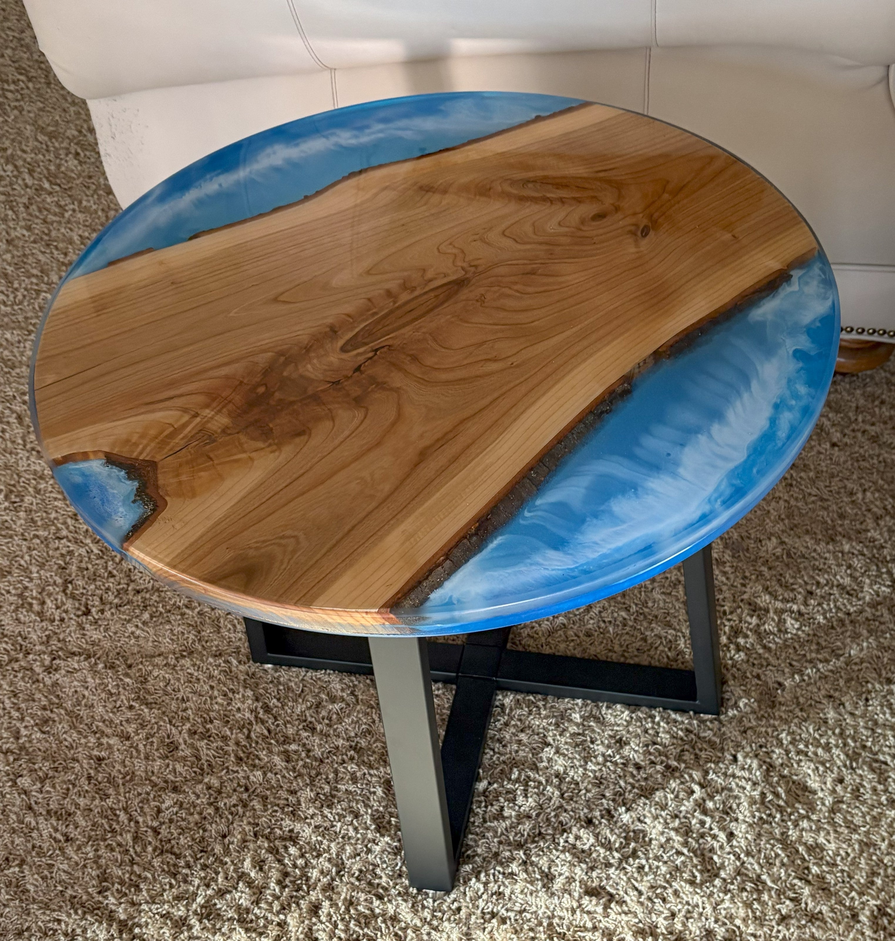 Cherry River Table | Live Edge Round End Table | Round Epoxy River Table with Water Scene