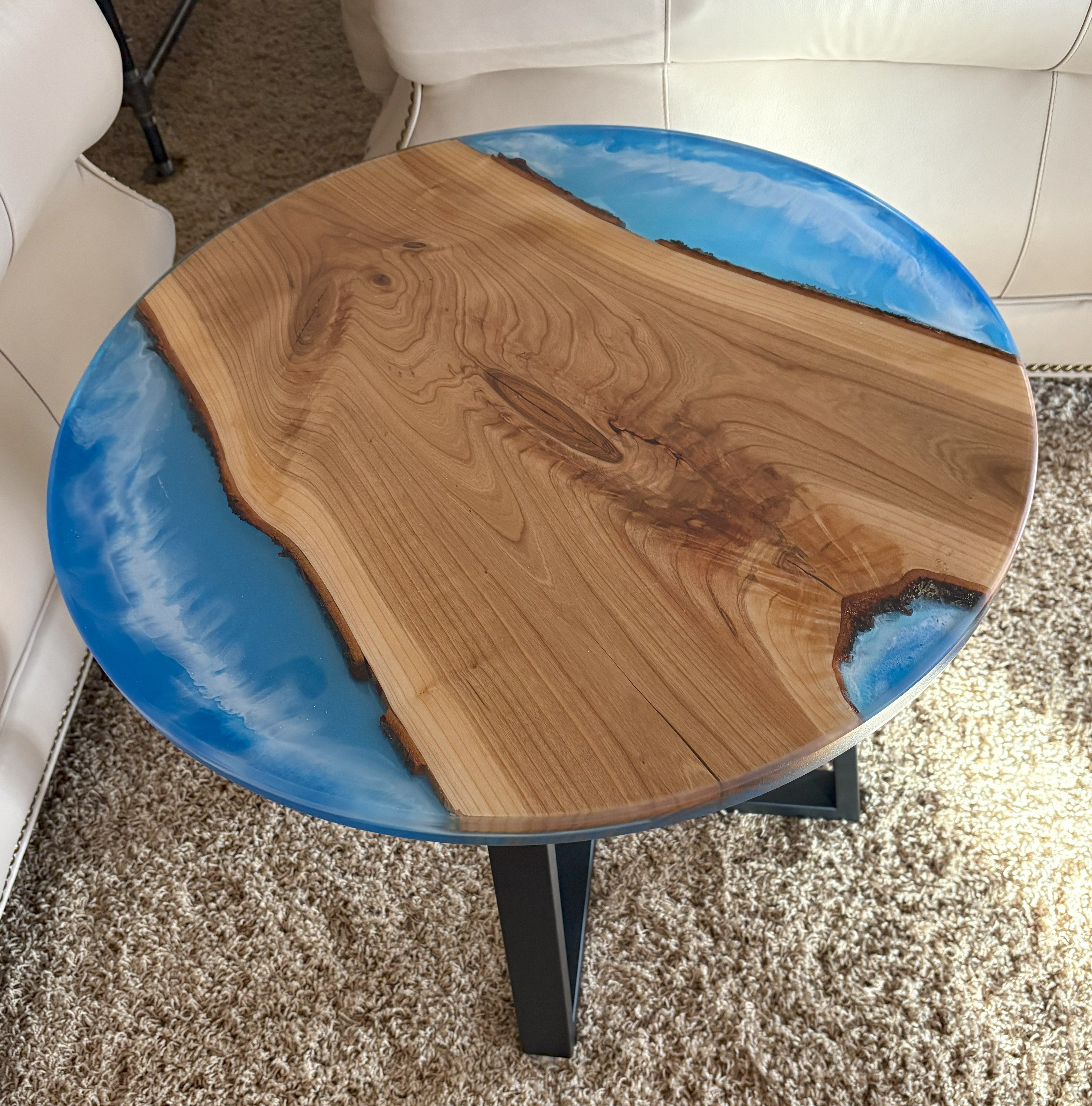 Cherry River Table | Live Edge Round End Table | Round Epoxy River Table with Water Scene