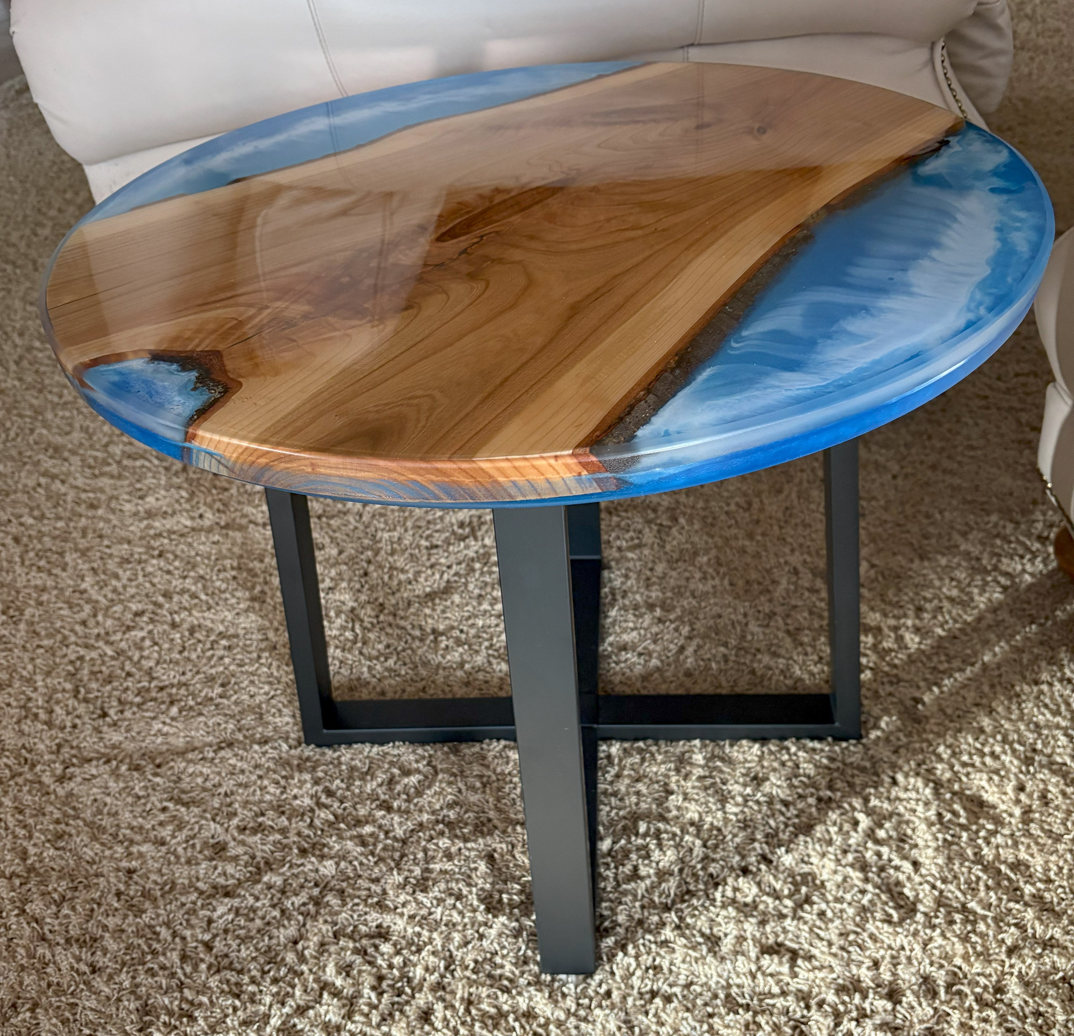 Cherry River Table | Live Edge Round End Table | Round Epoxy River Table with Water Scene