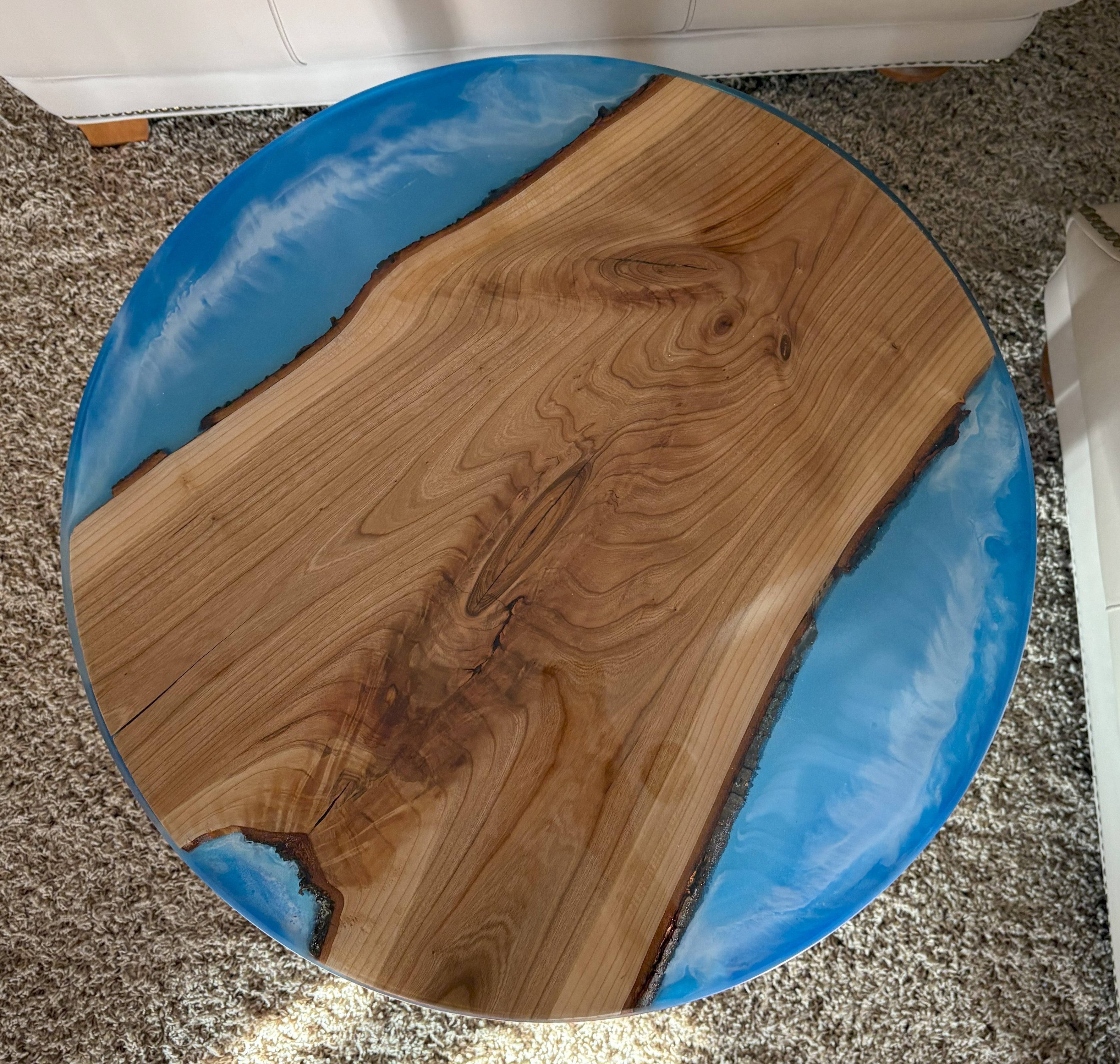 Cherry River Table | Live Edge Round End Table | Round Epoxy River Table with Water Scene