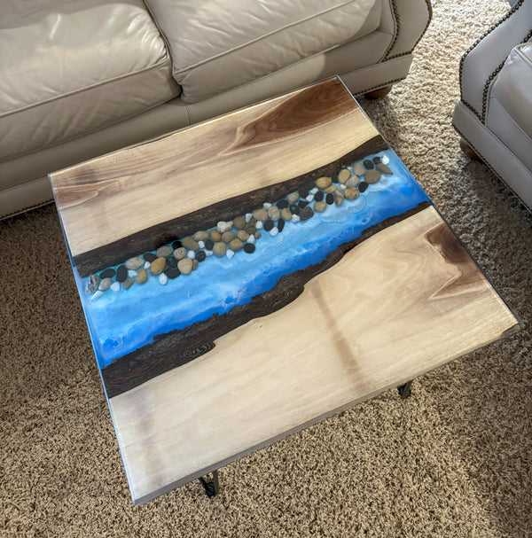 Walnut River Table | Live Edge End Table | Epoxy River Table With Embedded Rocks