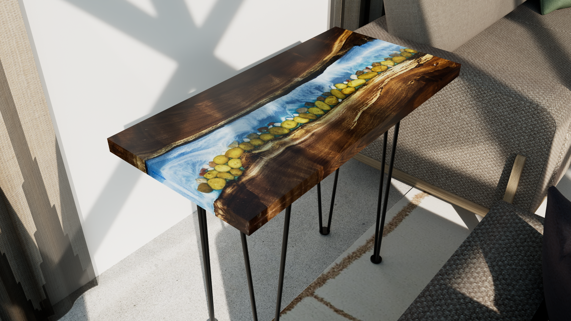 Walnut River Table | Live Edge End Table | Epoxy River Table With Embedded Rocks