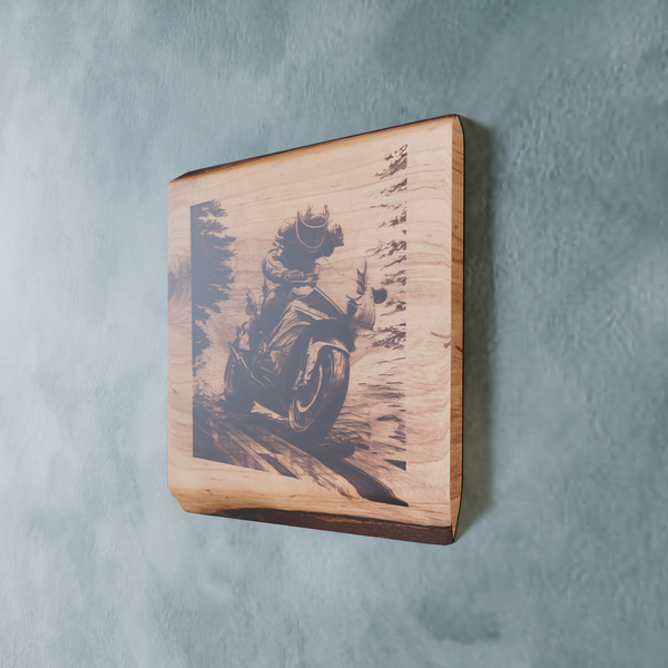 Live Edge Engraved Motorbiking Scene | Engraved Motorbike | Engraved Motorcycle Racing Wall Art