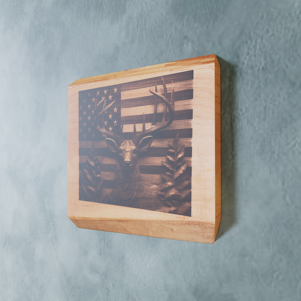 Live Edge Engraved Big Buck With American Flag | Engraved Deer With American Flag | Engraved American Big Buck Wall Art