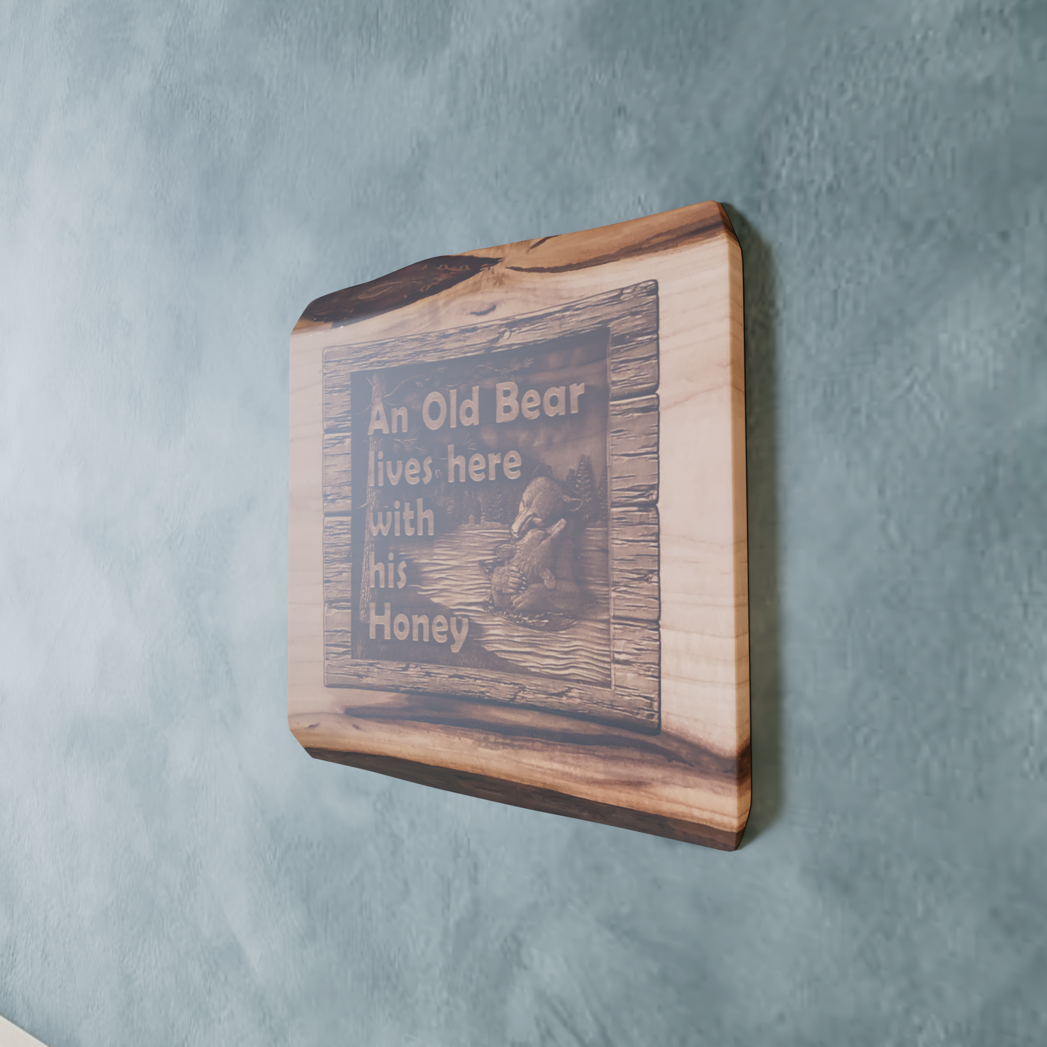 Live Edge "Old Bear With His Honey" | Engraved Gift for Man | Bear With His Honey Wall Art