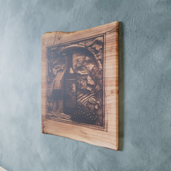 Live Edge Wine and Wine Bottle with Grapes | Engraved Gift | Wine and Wine Bottle Wall Art