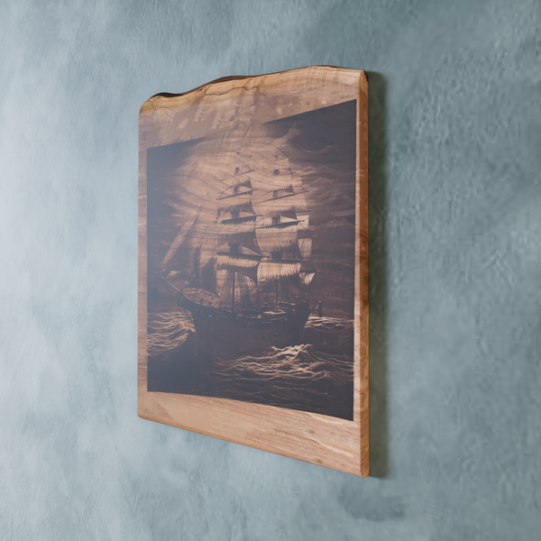 Live Edge Engraved Sailing Scene on Stormy Waters | Engraved Sailing Scene | Engraved Sailing Wall Art