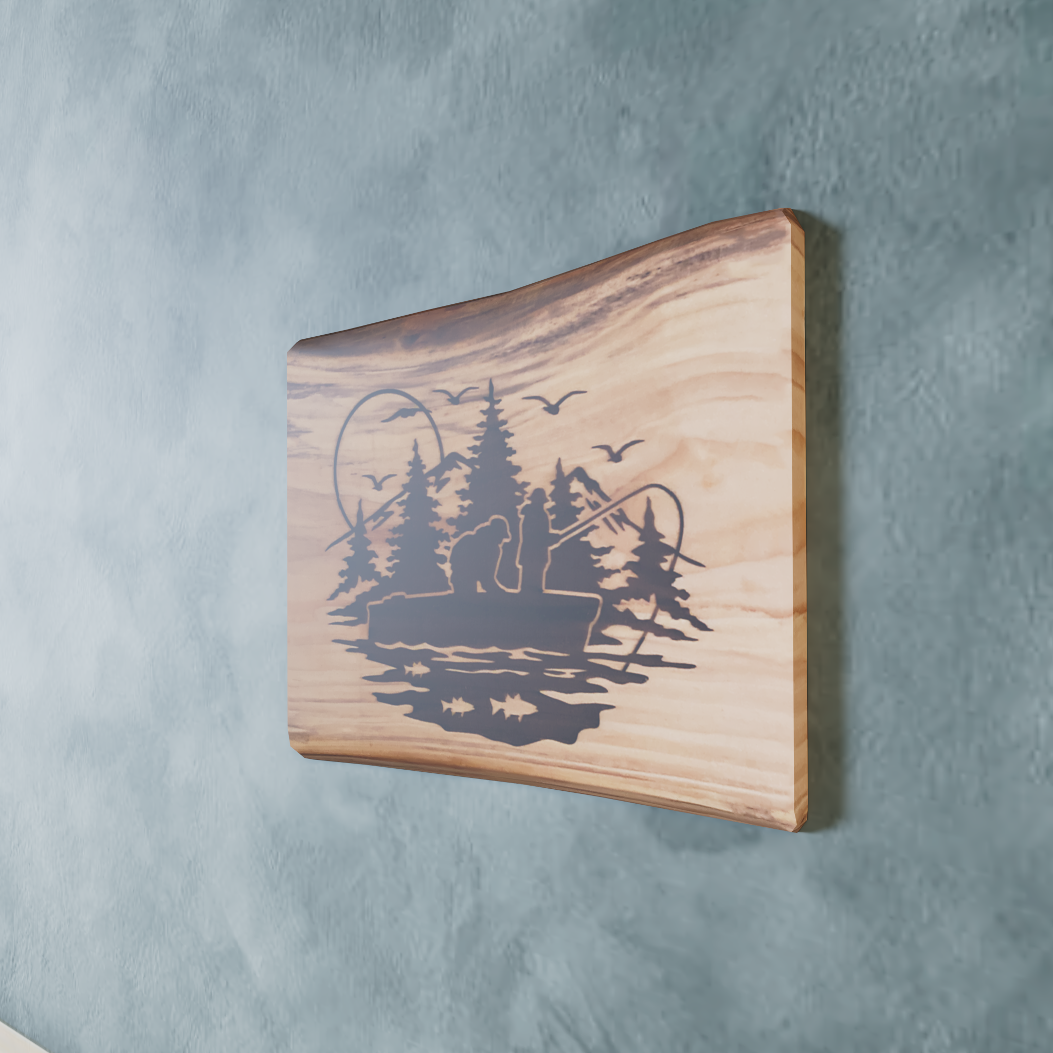 Live Edge Fishing Scene | Engraved Fishing With Friend | Fishing Wall Art