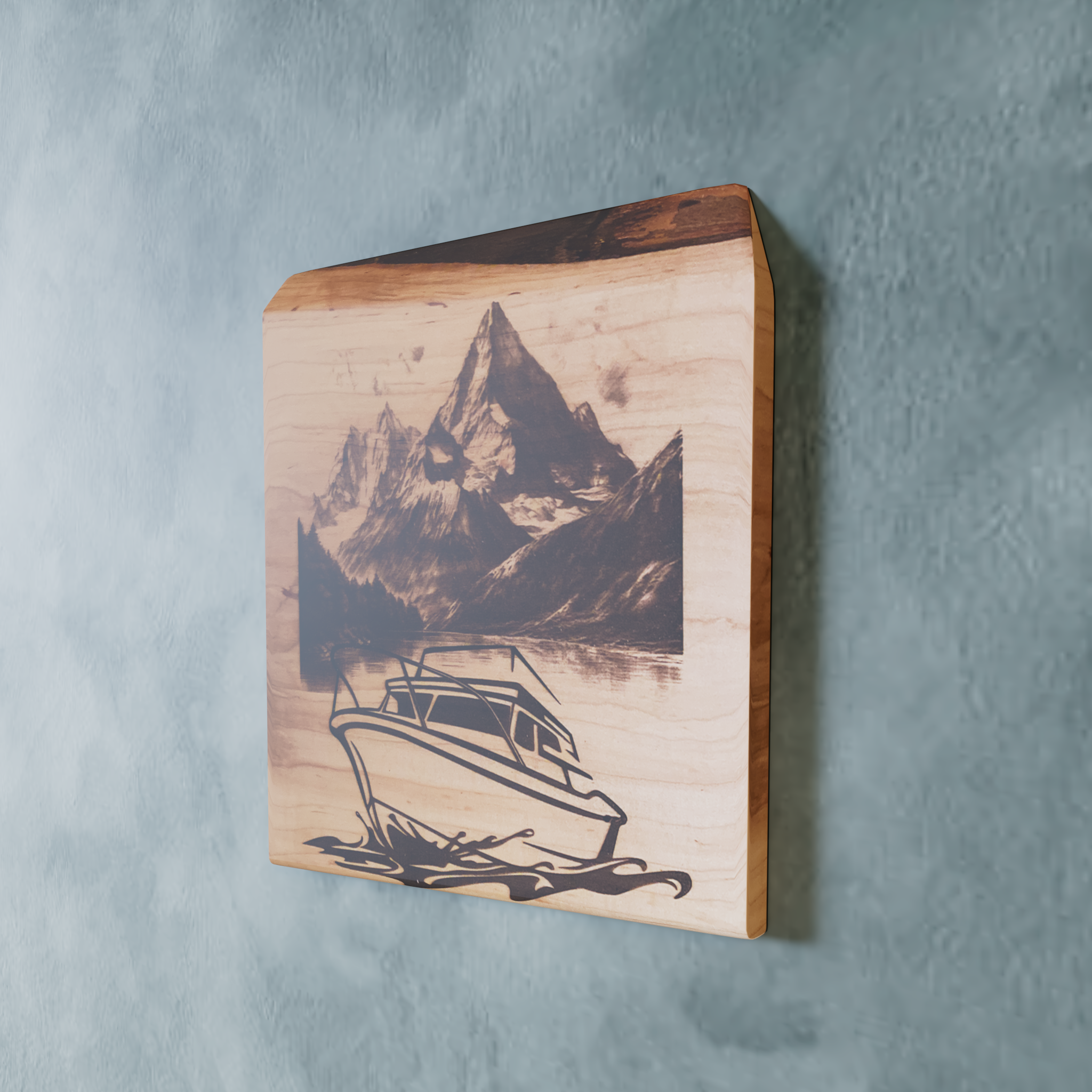 Live Edge Engraved Boating Scene in a Mountain Lake | Engraved Powerboat Gift | Engraved Boating Wall Art | Mountain Wall Art