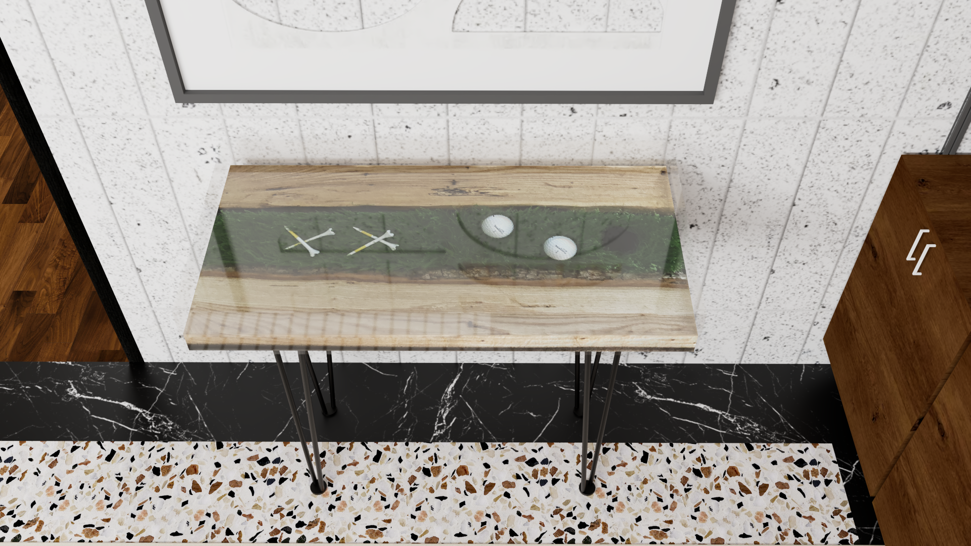 Golf River Table | Live Edge End Table | Artificial Turf Golf Table | Epoxy River Table With Embedded Golf Balls and Golf Tees