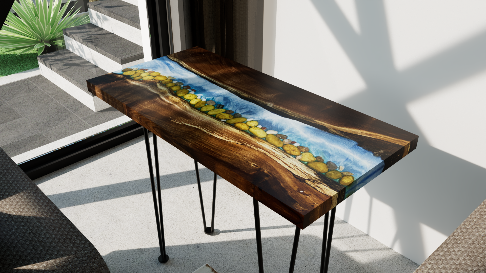 Walnut River Table | Live Edge End Table | Epoxy River Table With Embedded Rocks