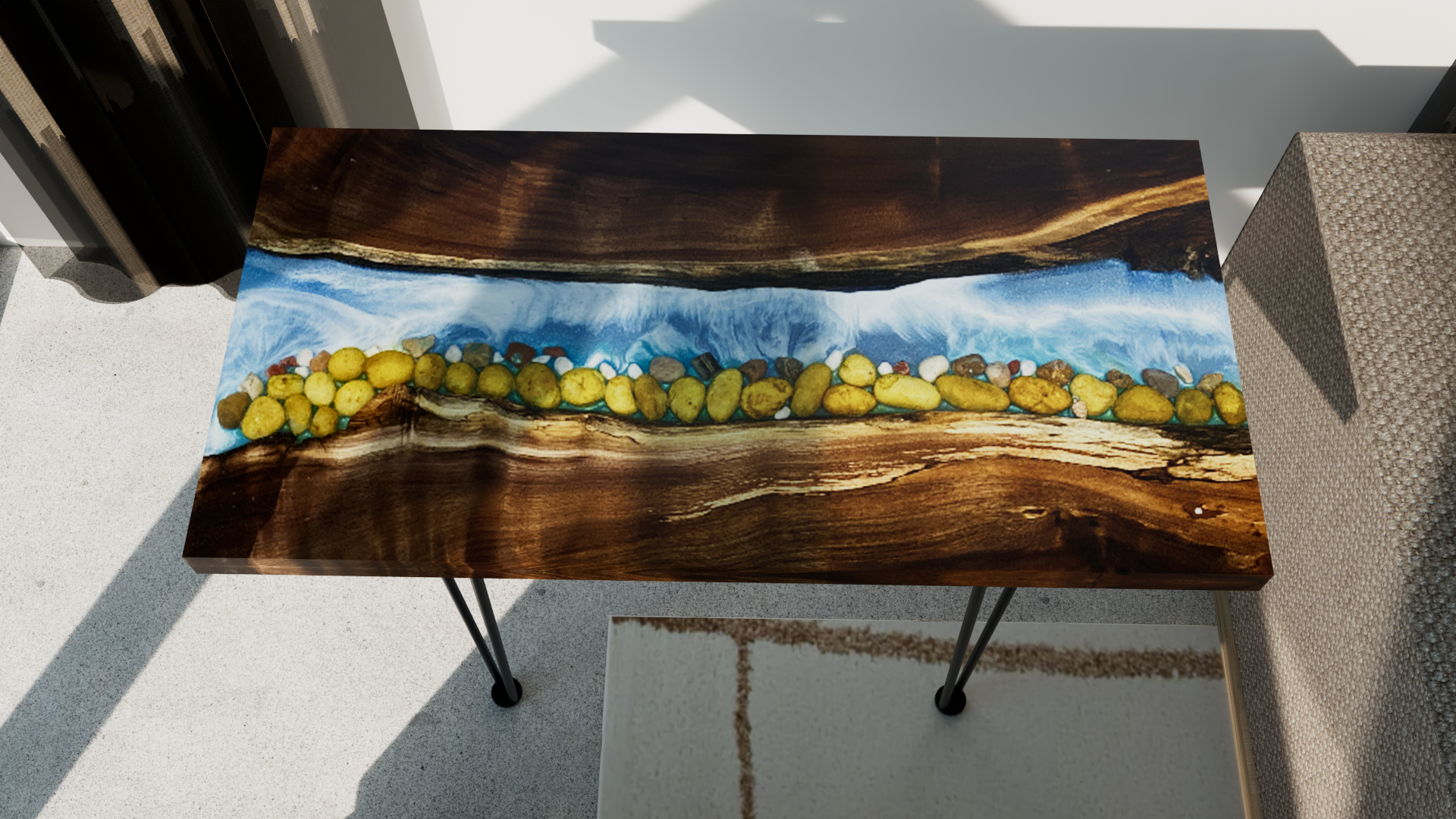 Walnut River Table | Live Edge End Table | Epoxy River Table With Embedded Rocks