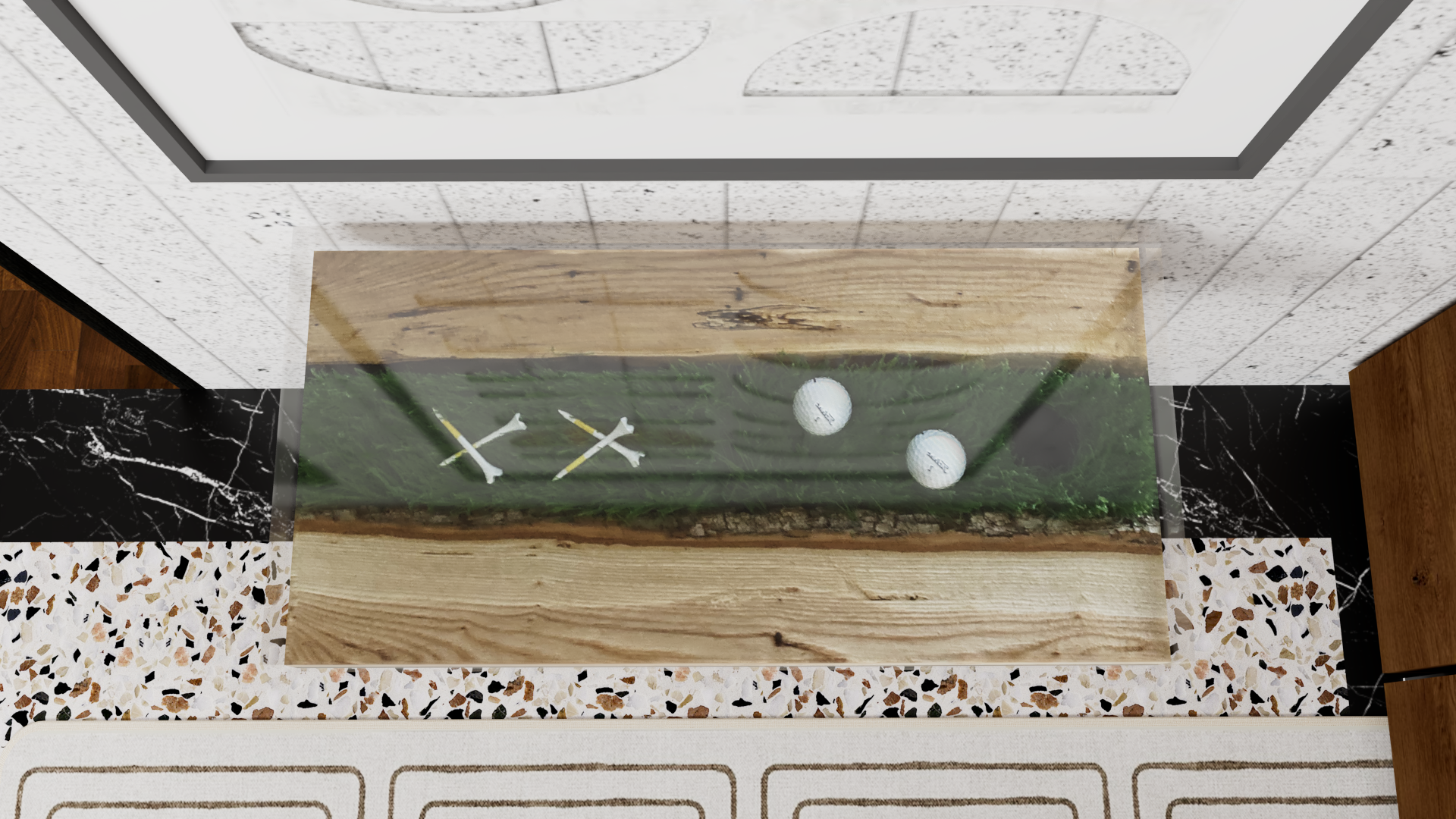 Golf River Table | Live Edge End Table | Artificial Turf Golf Table | Epoxy River Table With Embedded Golf Balls and Golf Tees