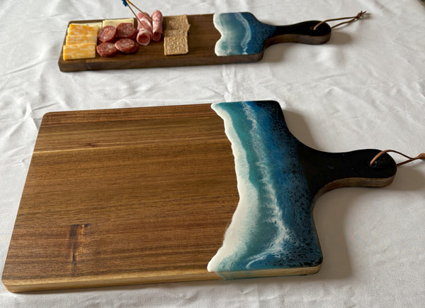 Acacia Charcuterie Board with Water and Wave Scene | Acacia Serving Tray with Ocean Waves | Water and Wave Scene Cutting Board