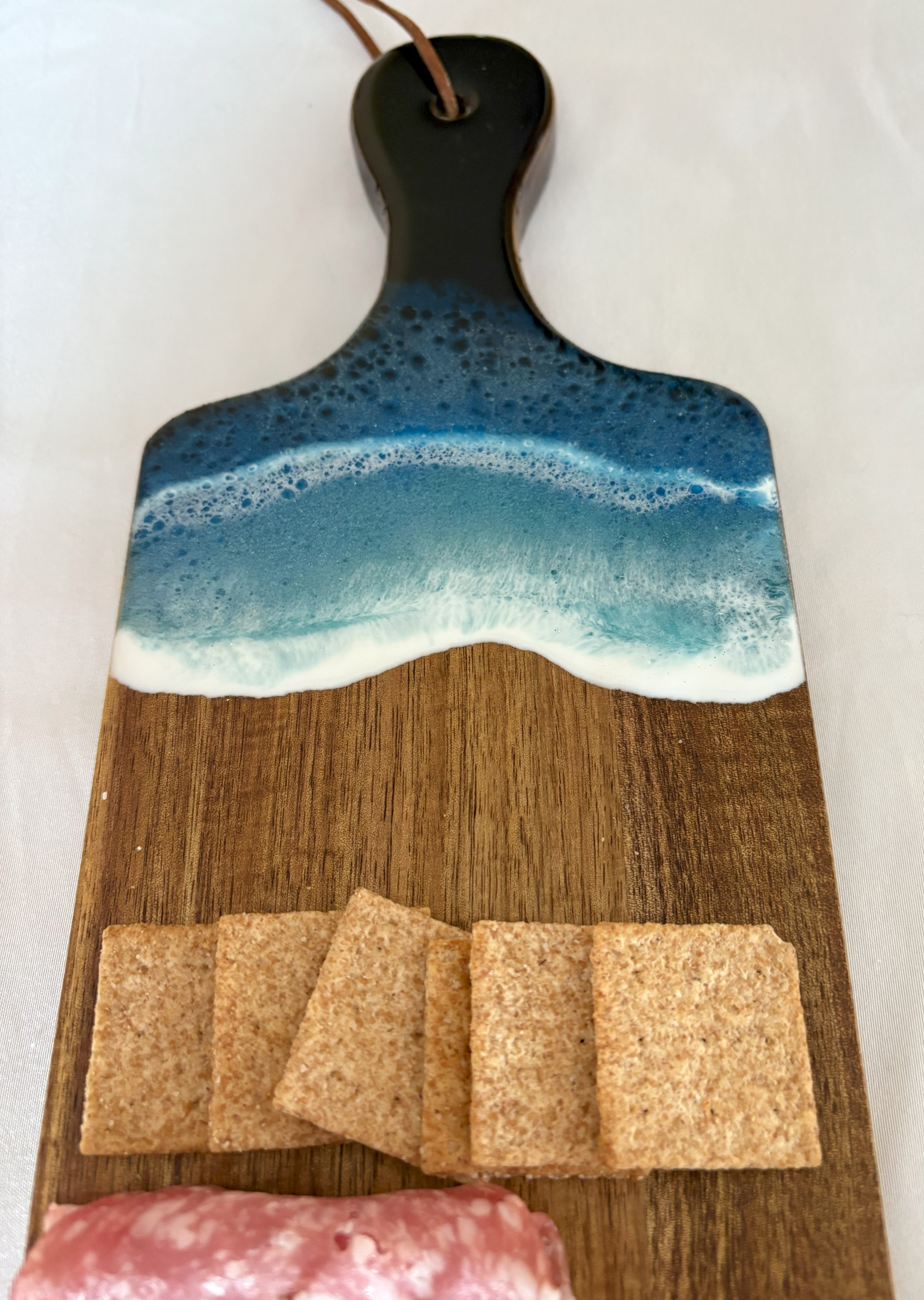 Acacia Charcuterie Board with Water and Wave Scene | Acacia Serving Tray with Ocean Waves | Water and Wave Scene Cutting Board