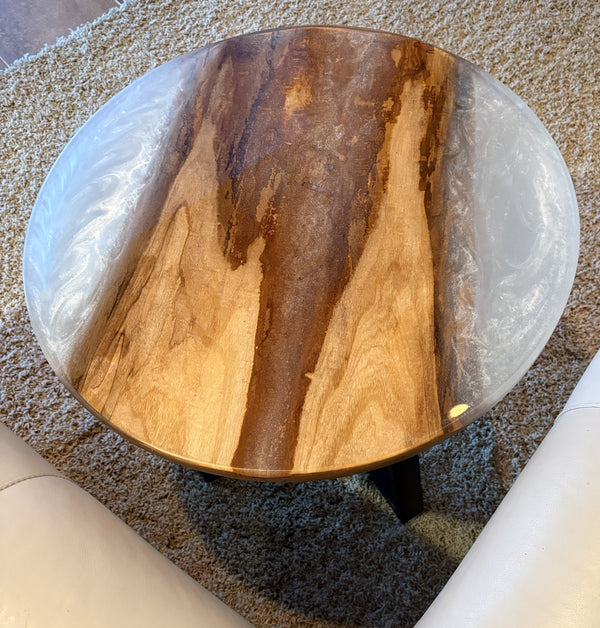 Maple or Ash River Table | Live Edge Round End Table | Round Epoxy River Table with Blue Water or Translucent White