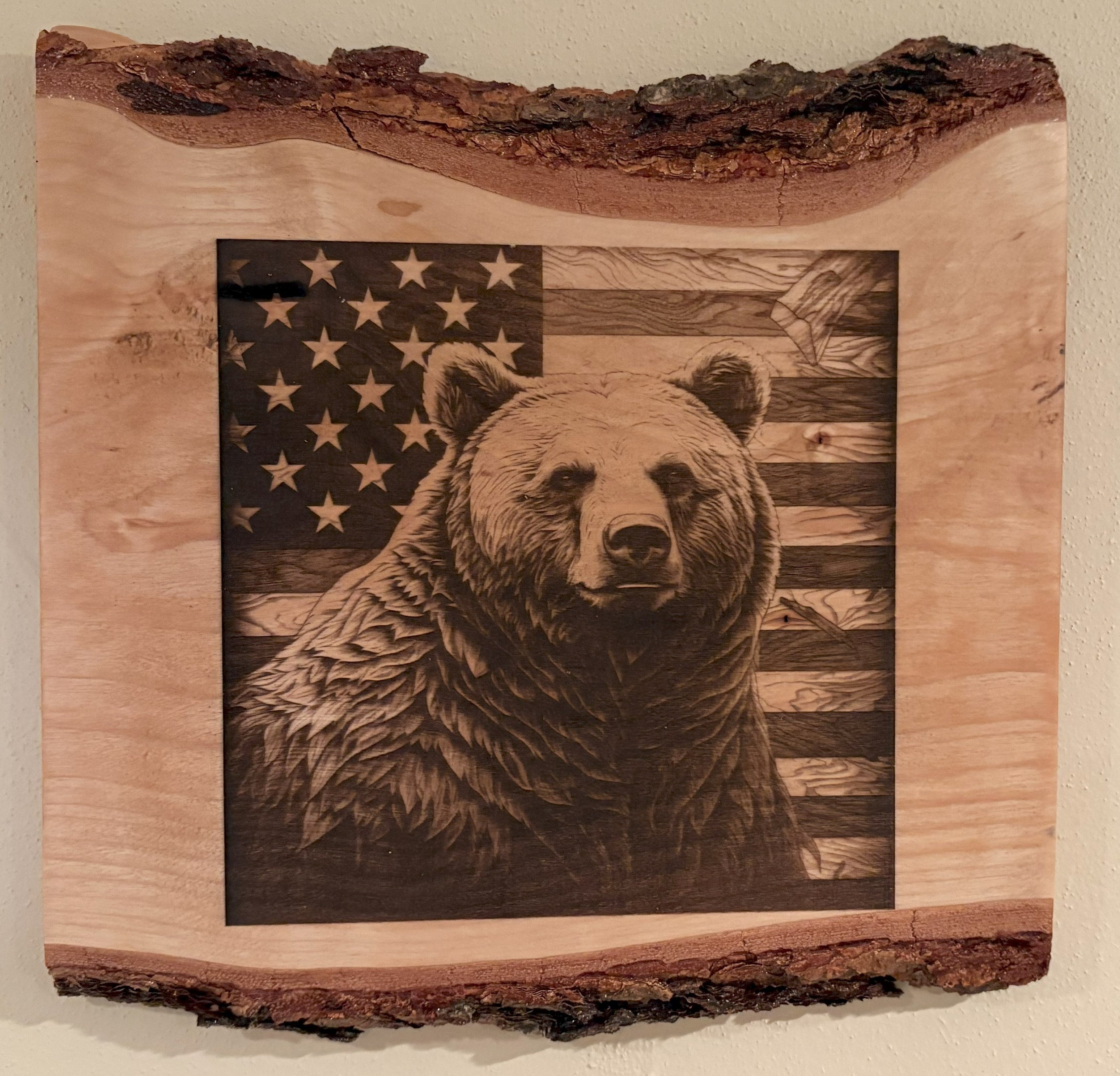 Live Edge Engraved Bear with American Flag | Engraved Bear Gift | Engraved Bear with Flag Wall Art