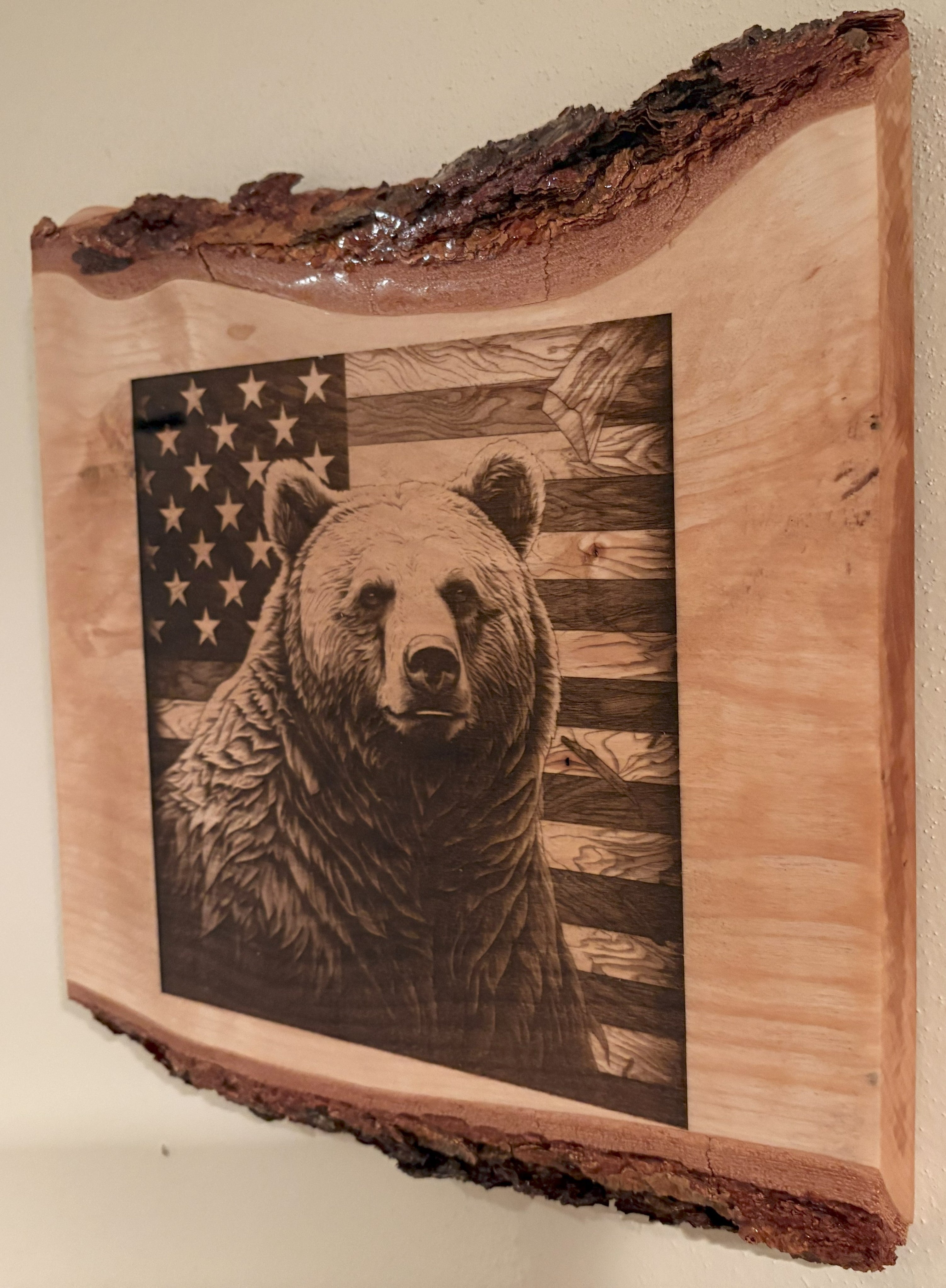 Live Edge Engraved Bear with American Flag | Engraved Bear Gift | Engraved Bear with Flag Wall Art